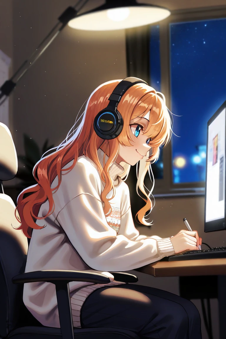 (masterpiece: 1.3,   highest resolution,  top quality , 8k,   depth of field  , 8k,   Very Delicate Illustration  ,   PERFECT DETAIL),   perfect lighting, ( Very cute 20 year old Japanese girl ),Side View,  lightly wavy hair , Alone,   girl making music on her home studio computer ,   Rembrandt,   quiet recording studio  ,   detailed body  ,  white sweater,   happy expression, (  sitting on a chair :1.1,  native instruments complete control S88 ),    neon shining around headphones   , SONY MDR-CD900ST,   of colorful notes around her Mark's  ,   night sky light shining through a window  ,   room illuminated by night light  ,  fluorescent desk light  