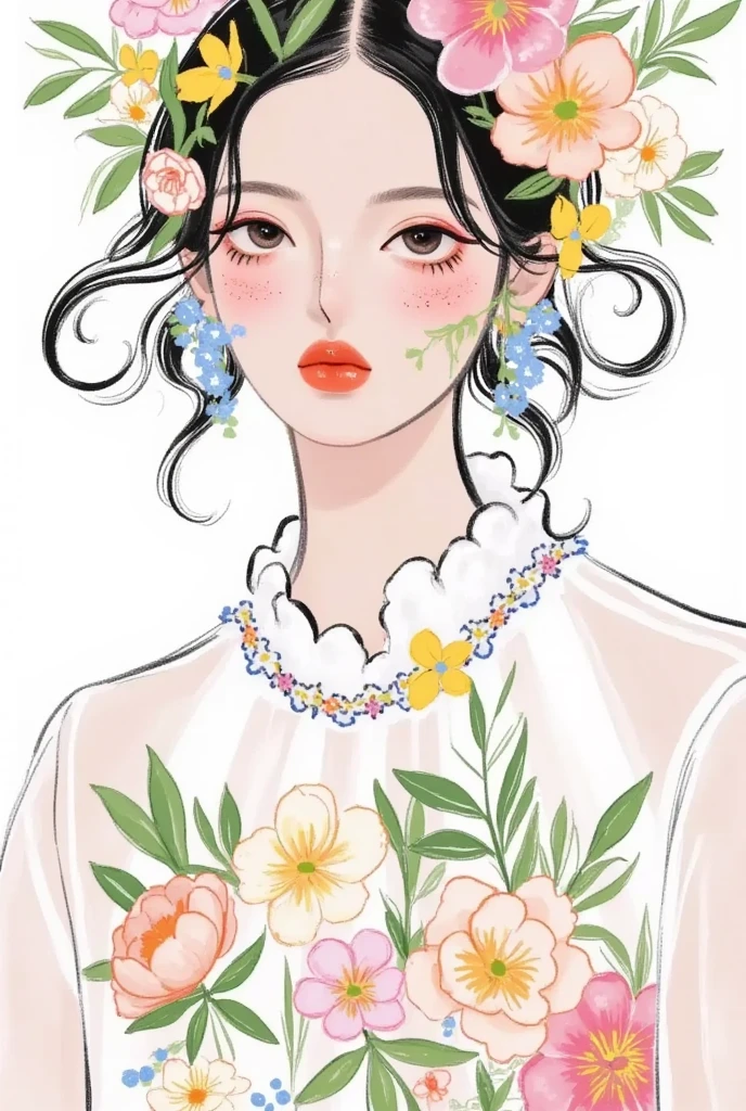  fashion design sketch ：Girl illustration,luxury floral jewelry , ,  digital painting , Fine Hair, (Black Line)，Illustration style, Digital Illustration,  Color Sketch , watercolor Illustration style,