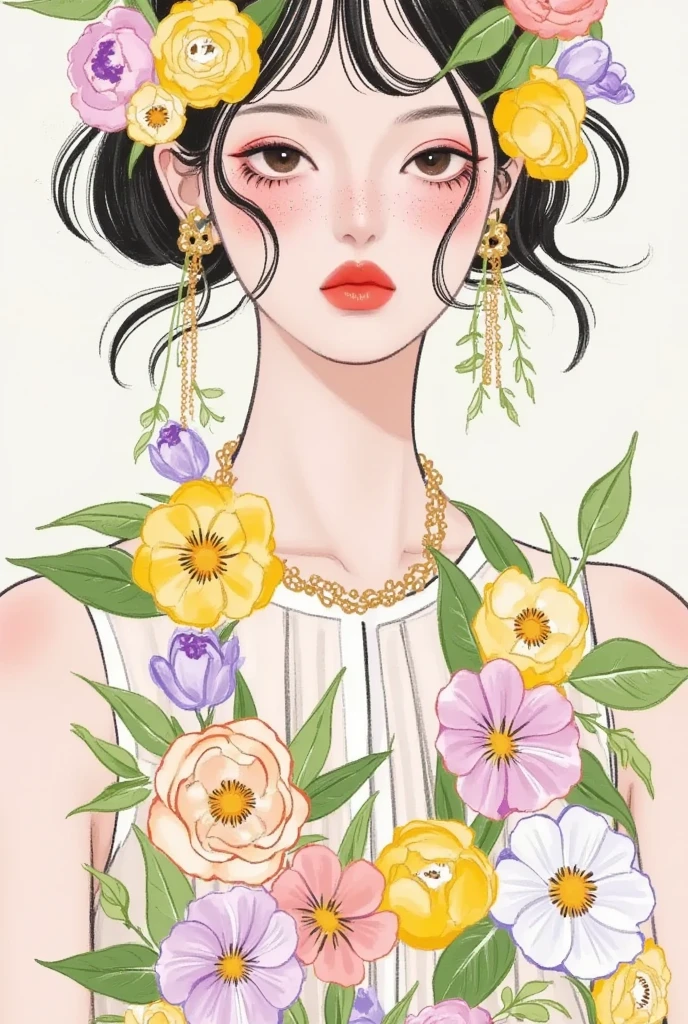  fashion design sketch ：Girl illustration,luxury floral jewelry , ,  digital painting , Fine Hair, (Black Line)，Illustration style, Digital Illustration,  Color Sketch , watercolor Illustration style,