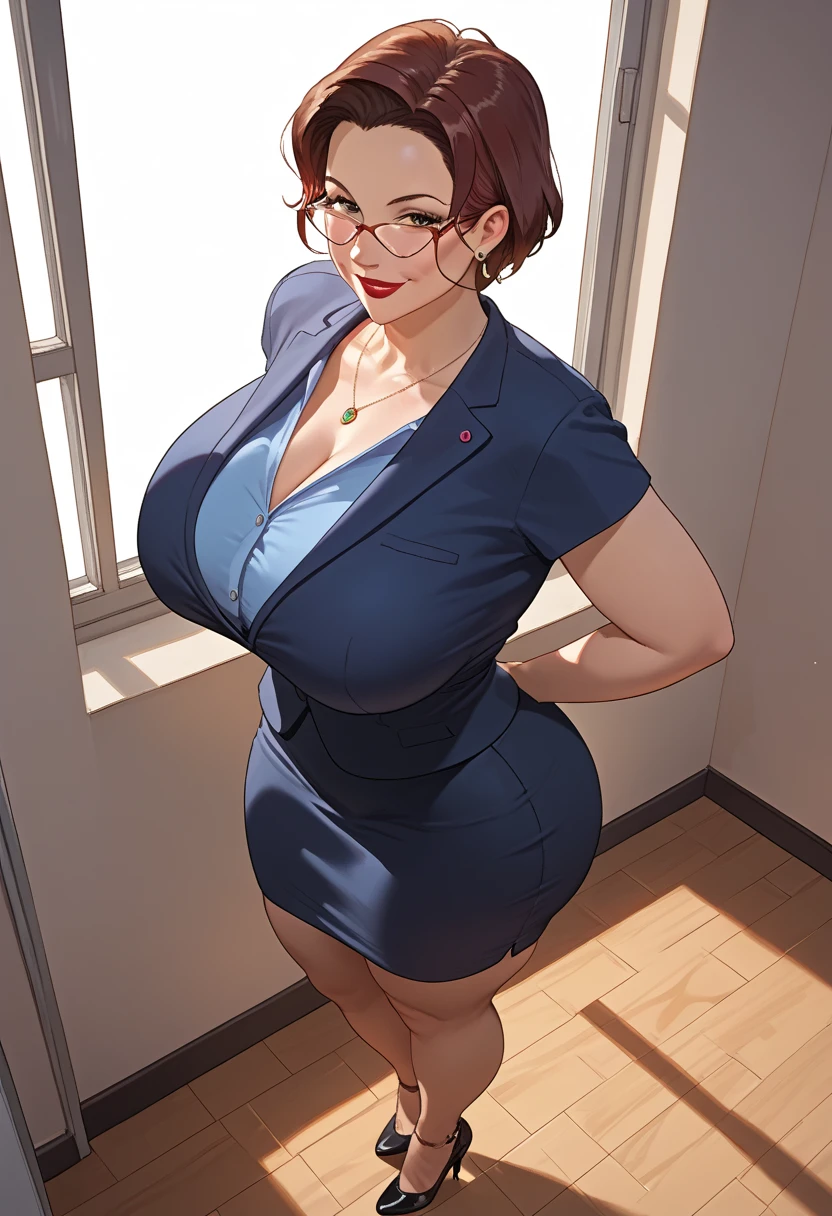 1girl, close-up, from above, looking at viewer, school hallway, window, sunlight, principal-nympho, reddish brown hair, gigantic breasts, curvy, mature female, lipstick, tall female, short hair, thick thighs, huge ass, smile, glasses, skirt, suit, formal, short sleeves, high heels, Score_9, Score_8_up, Score_7_up