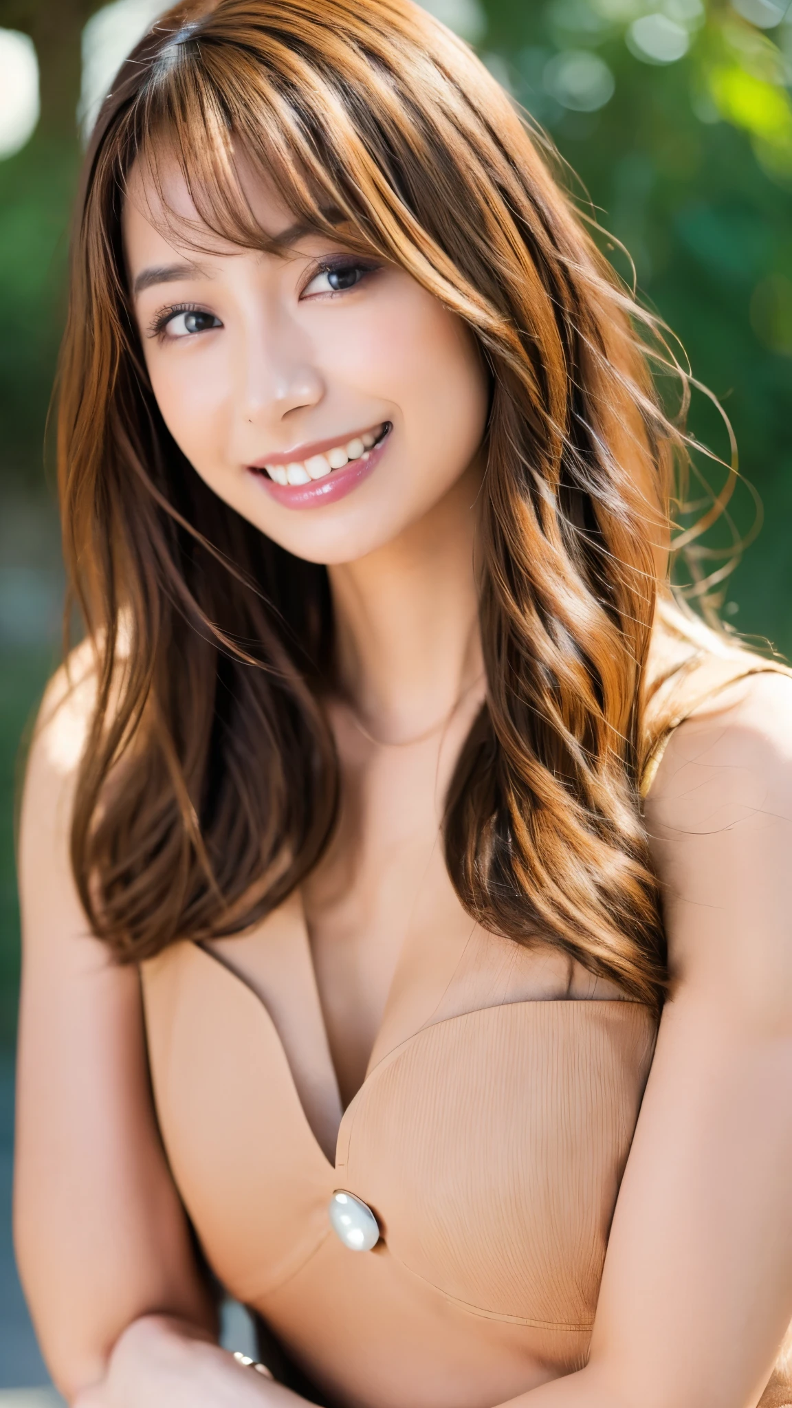 8KRAWphotograph, top quality , masterpiece, super high res, One girl , Japanese , (( light blond_hair)), Watching viewers, tanned skin:1.4, Dark Skin:1.4, Light brown_eye, detailed eyes and face, eyeshadow, blonde hair, smile, teeth, skinny, slim_feet, teeth, shirt, Seaside, ( detailed background), ((nude:1.20)), huge breasts, clevis on a stone, Blur background, Blur, holding, check pattern , Short sleeve, Bracelet ,