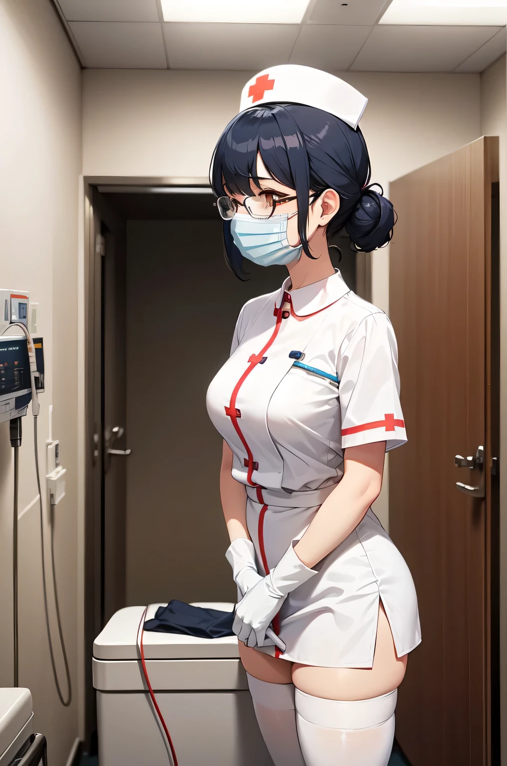 hospital, latex nurse suit,nurse,busty,gloves,labcoat,silver hair woman, azure eyes , gigantic boobs ,medical instruments,asian nurse,two nurses,speculum,examination room,oversize boobs,mask ,big ass ,strap on