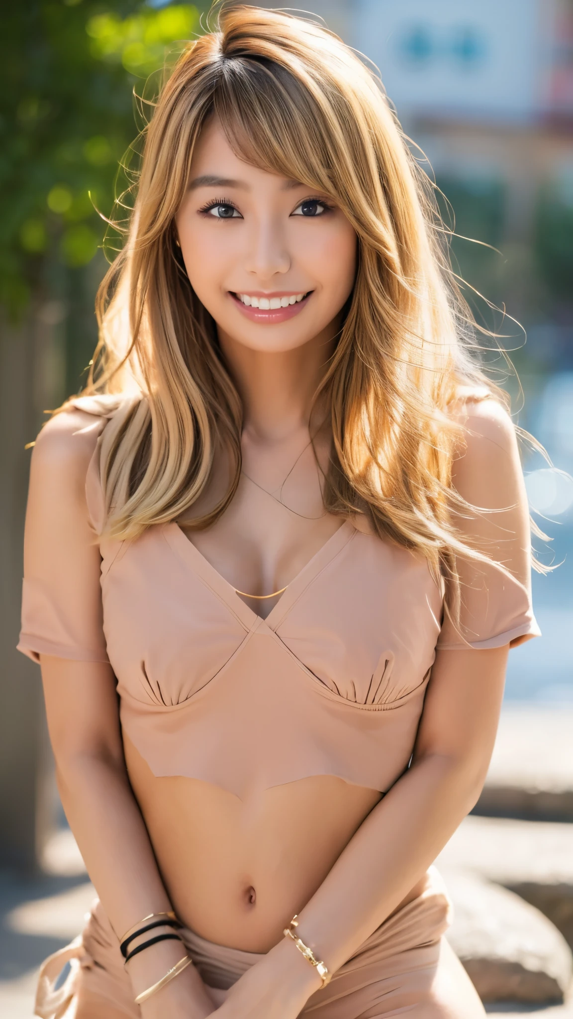 8KRAWphotograph, top quality , masterpiece, super high res, One girl , Japanese , (( light blond_hair)), Watching viewers, tanned skin:1.4, Dark Skin:1.4, Light brown_eye, detailed eyes and face, eyeshadow, blonde hair, smile, teeth, skinny, slim_feet, teeth, shirt, Seaside, ( detailed background), ((nude:1.20)), huge breasts, clevis on a stone, Blur background, Blur, holding, check pattern , Short sleeve, Bracelet ,
