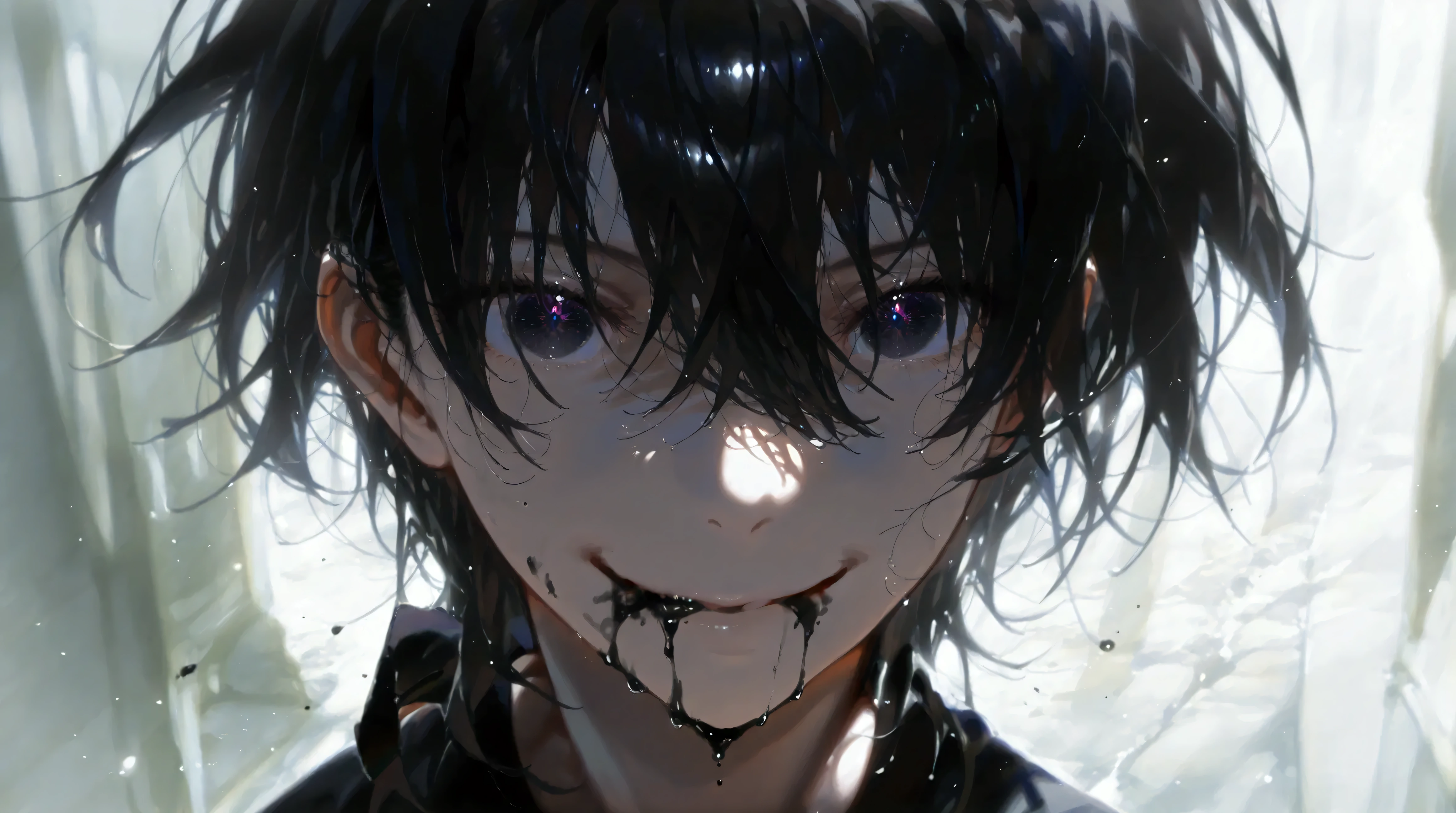  top quality 、 top quality 、8k、 super high res、 top quality 、 super detailed 、 perfect face、 very detailed、 very delicate 、 1 boy at night, ((Alone))、([Frightened), Gorgios、  dark, soft hair 、 shoulder-length hair 、 medium hair((Left: Black hair、The right one is white))、(( dark eyes)), black long sleeve shirt, black shorts、belt、  confident , smile,  close your mouth、expressive eyes, colorful eyes  , Contrast, Shadowy,  digital art  , 輝く瞳, Threatening, damage,  detailed face 、 detail eyes、  detailed background、  dark背景,  based on white and black 、Black liquid