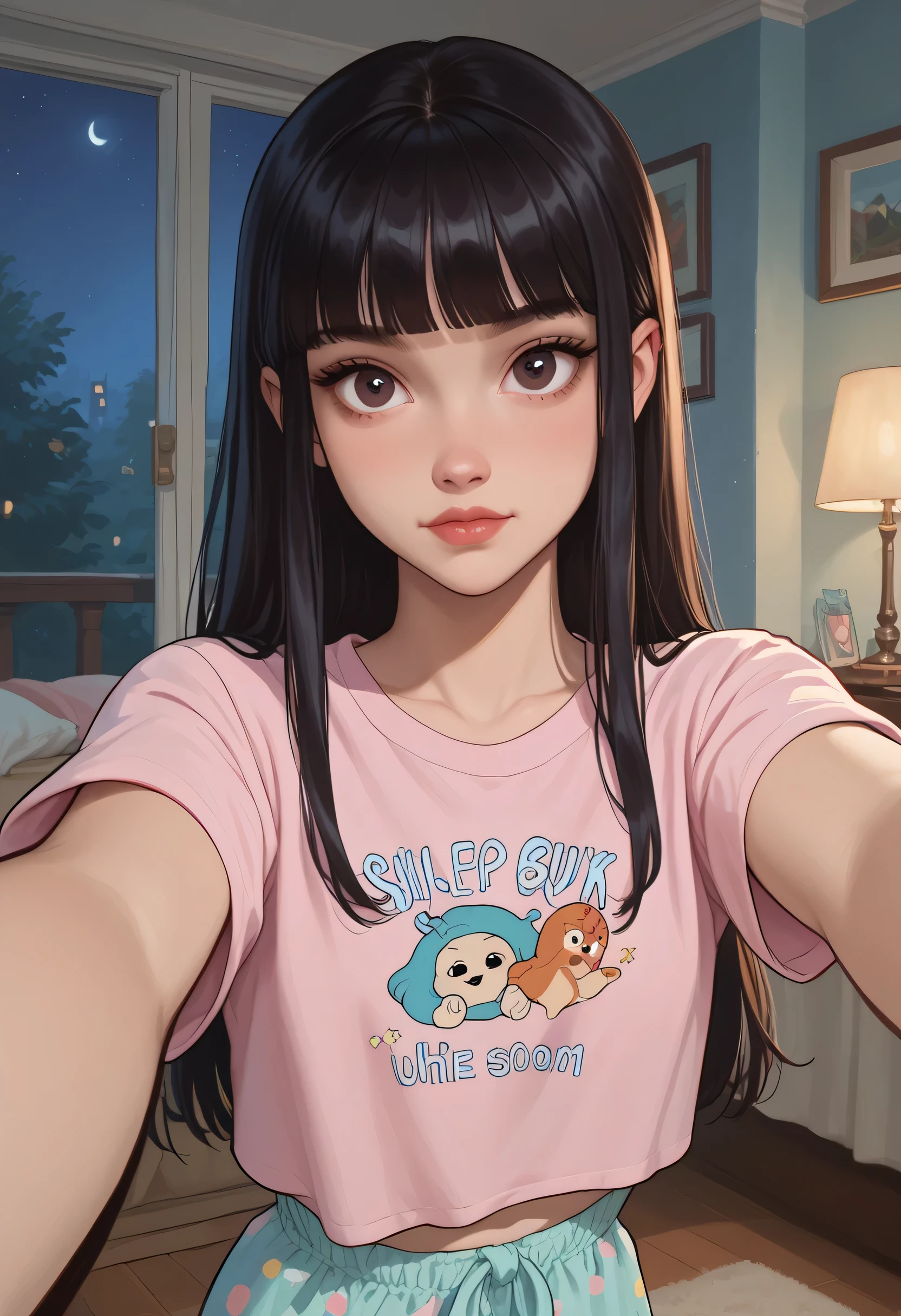 1girl, funny and sleeper expression, pastel colores pajama topped crop, DARK HAIR, hime cut, looking at viewer, livingroom back. (Slim Body). (NIGHT:1.4) portrait. score_9, score_8_up, score_7_up. SELFIE.