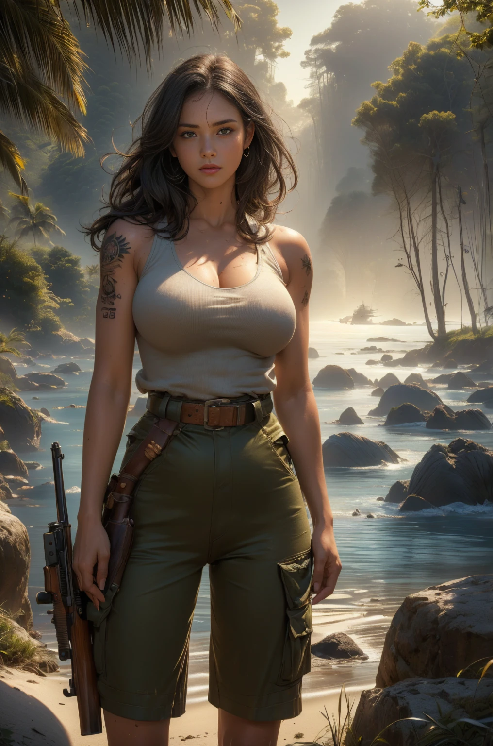 ((masterpiece, highest quality, Highest image quality, High resolution, photorealistic, Raw photo, Extremely detailed CG unified 8k wallpaper)), (huge stunning goddess shot, very hot and sexy, jaw-dropping beauty, perfect proportions, gigantic breasts), , (a lot of freckles on face), (a sexy young a woman dressed as an army soldier, a sleeveless shirt), (Various stickers and marks on the uniform), (revealing_clothes), (Skin is shiny with sweat), (holding a Pistol, with a large tattoo on her's shoulder), (holding an old rifle in her's hand), (a calm expression with a slight smile), (Pacific island base, beach, hot sun, heat, summer, a World War II), Isabelle Adjani