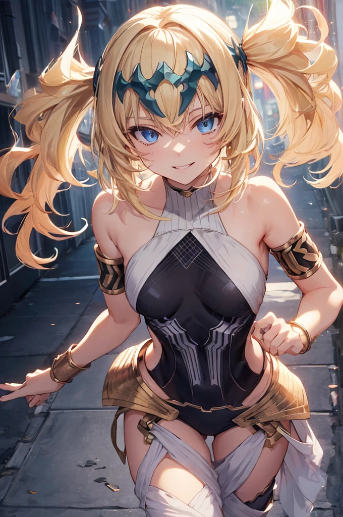 score_9、score_8_up、score_7_up、(masterpiece:1.1)、(Highly refined muscles:1.1)、(high quality:1.1)、Soft Shadows、detailed、source_アニメ、Finne、short hair、blue eyes、Blonde Hair、Medium breast、Revealing outfits、corset、Tight straps、Capelet on shoulders、White capelet、Earrings、tie between chest、Arena、crowd、Wicked Smile、Sharp teeth、Are standing、