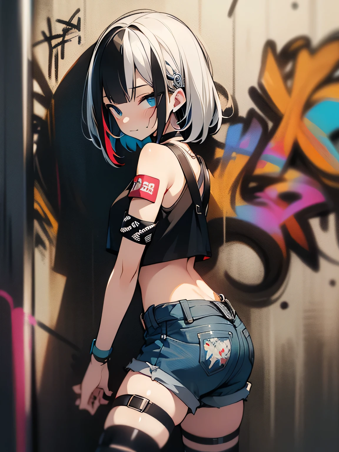 (cowboy shot), (best quality, ultra-high resolution, depth of field:1.2), adult, 1woman, solo, streaked hair, short hair, bangs, crop top, denim shorts, choker, (graffiti:1.4), paint splatter, arms behind back, (slouching), (leaning back:0.5), against wall, (leaning to the side:0.5), looking at viewer, armband, thigh strap, streaked hair, paint on body, upturned eyes, head down, head tilt, (from side:1), bored