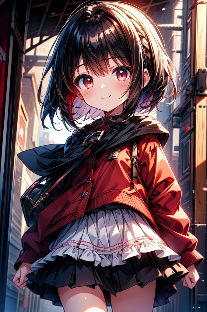 masterpiece, highest quality, highest quality, (no text), Beautiful and aesthetic:1.2),no text,anime、break,anime、break、 one girl、 Dark Haired Girl Short Hair 　 Slit Eyes Boyish 　adult　 beautiful eyes　red eyes, cool smile　 skirt　Black coat　　　Full body outdoor in private clothes