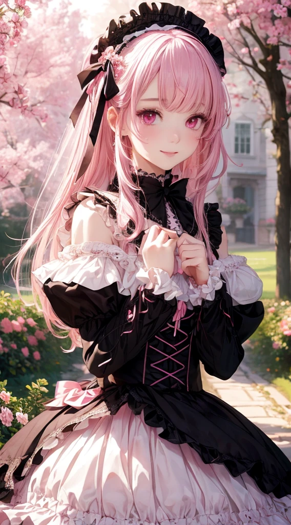 (​master piece),(top-quality:1.2),(perfect anatomy),1 girl,smile,exquisitedetails,Vibrant colors, Soft tones, With warm and gentle lighting,(lolita fashion, Pretty Pink Ribbon, Beautiful frills:1.2),Pink eyes,Garden Girl,The atmosphere is full of happiness and laughter,Combination of digital illustration and photography,soft pastel tones,Create an ethereal atmosphere like a dream,Depth of written boundary, Bokeh,film lighting,Standing in a park full of pink flowers