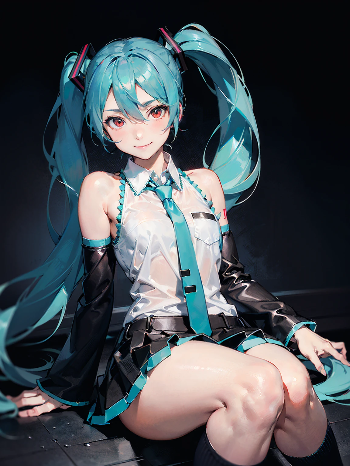 masterpiece, ( Hatsune Miku ),  white shirt,  blue tie, Bare shoulders,  twin tails、 separation sleeve,  Immersed in an evil smiley face, Dark Skin,  red eyes,  dark eyes, Orange pupil,Thighs, black high socks wearing brown leather shoes 