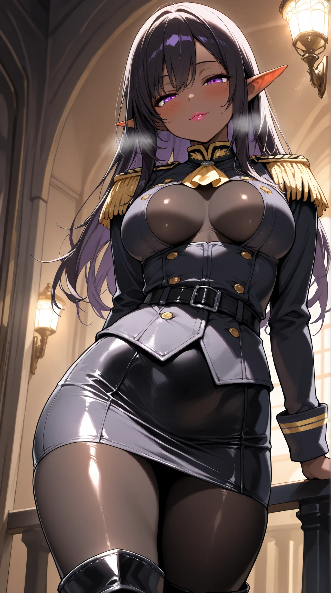  Young Beautiful Dark Elf Women ,(masterpiece, top quality , very detailed depiction, incredibly absurd high definition ,Curvaceous Body),(female cavalry officer , epaulettes, tight skirt , bodystocking , black tights, boots),( brown skin next to a woman:1.3, purple eyes, half-closed eyes,Glossy lipstick, slender figure,Beautiful legs,Beautiful thighs,High quality skin),( bewitching smile,Seductive gestures,blush,A feverish breath), cowboy shot,Dim atmosphere,Illuminated by light, view from below