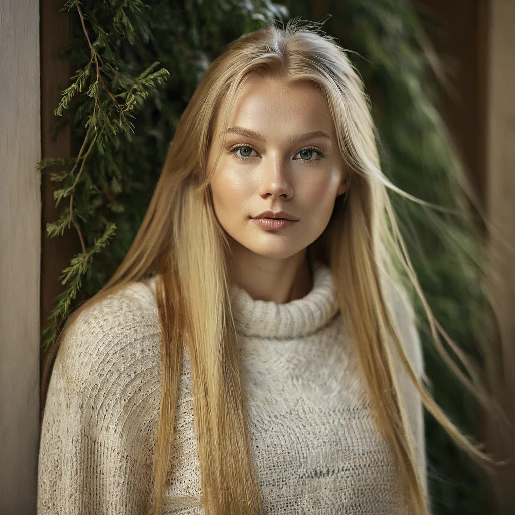 A Scandinavian-inspired woman with blonde, long, naturally flowing hair, featuring soft and delicate facial features typical of Swedish or Norwegian heritage. The background is softly lit, emphasizing a serene and cozy atmosphere. Her outfit is casual yet elegant,