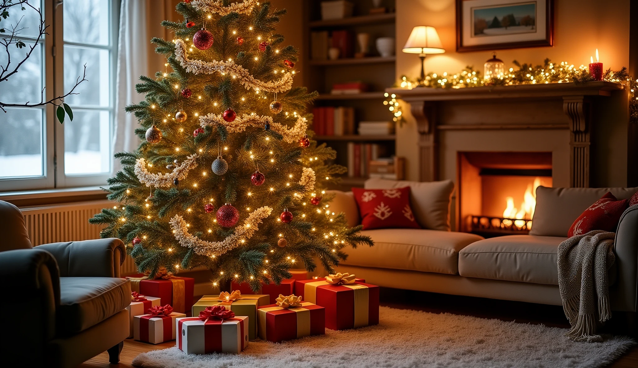 Arafed christmas tree with presents in front of a fireplace - SeaArt AI