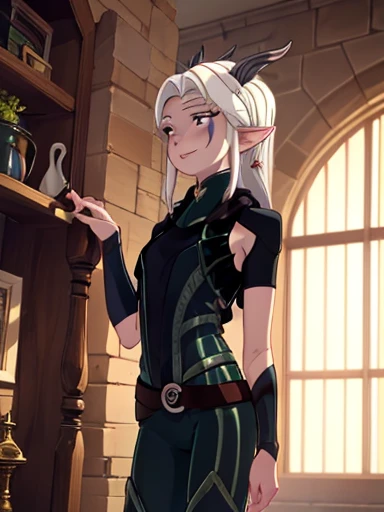 A pretty elf ,  with long straight platinum hair, pretty face and green eyes,  slender body wide hips and slim waist,  shapely legs and long ,,Smile cheerful ,  pointed horns and ears , 