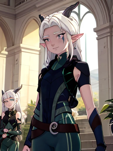 A pretty elf ,  with long straight platinum hair, pretty face and green eyes,  slender body wide hips and slim waist,  shapely legs and long ,,Smile cheerful ,  pointed horns and ears , 