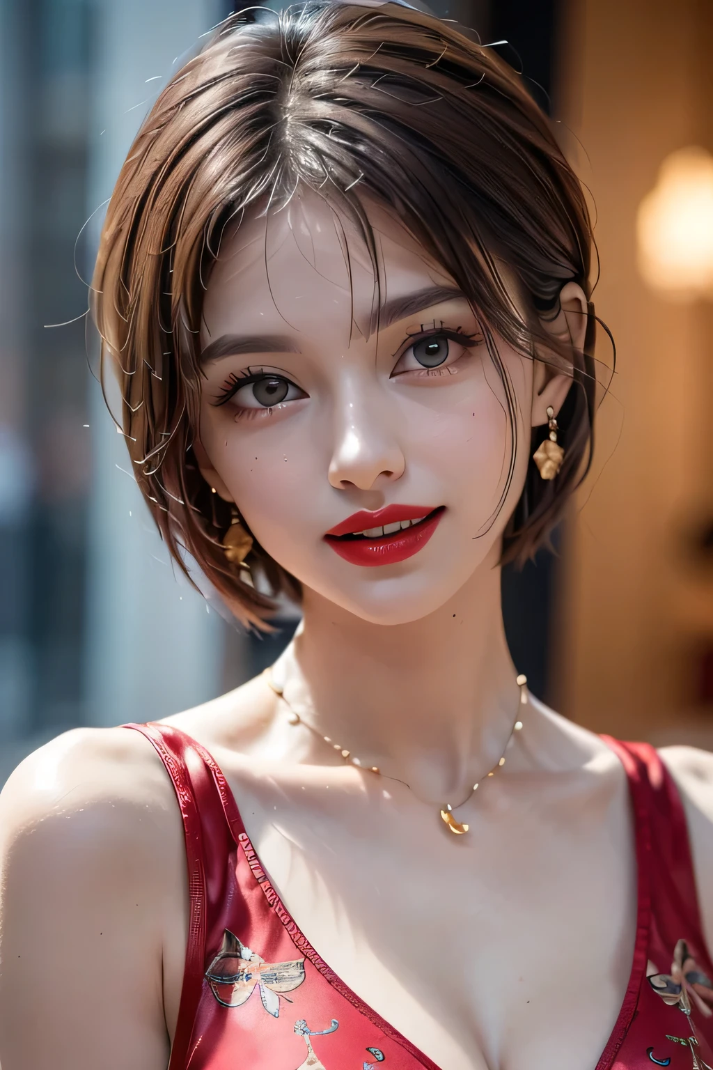 (1.   Beauty ,   supermodel  ), (     Perfect Anatomy ), ((upper body shot)), Golden Ratio, (top quality:1.4), 32k resolution, (   realistic     :1.5), High resolution UHD, (masterpiece :1.2)), (Improved quality:1.4), (  Very beautiful face details  ), (grin), (top quality), (( DECORATED red SILK DRESS WITH DETAILED PATTERNS :1.37)),   earrings,    necklace, (Big Breasts:1.3), (thigh), Accurate Fingers,  very detailed,  beautiful eyes,    double eyelid ,    eyelash   , Shaping your eyebrows, ((  very detailed)),    red cheeks   , Ultra-    realistic     eyes, Perfect Lips,      perfect eyes,    Natural Cosmetics  , [contains pink lipstick], (( Commitment to quality     :1.2)), (   beautiful lips:1.33), (Great nose:1.2), (Big Breasts),     brunette pixie cut, ((   realistic   )), ((  Sharp Focus )), (    highest resolution), ((   high image quality)), ((masterpiece)),    PROFESSIONAL CINEMA LIGHTING  