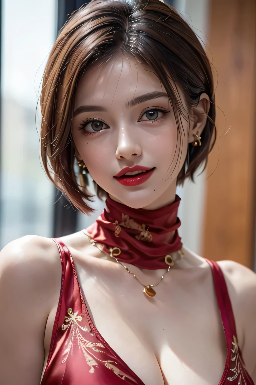 (1.   Beauty ,   supermodel  ), (     Perfect Anatomy ), ((upper body shot)), Golden Ratio, (top quality:1.4), 32k resolution, (   realistic     :1.5), High resolution UHD, (masterpiece :1.2)), (Improved quality:1.4), (  Very beautiful face details  ), (grin), (top quality), (( DECORATED red SILK DRESS WITH DETAILED PATTERNS :1.37)),   earrings,    necklace, (Big Breasts:1.3), (thigh), Accurate Fingers,  very detailed,  beautiful eyes,    double eyelid ,    eyelash   , Shaping your eyebrows, ((  very detailed)),    red cheeks   , Ultra-    realistic     eyes, Perfect Lips,      perfect eyes,    Natural Cosmetics  , [contains pink lipstick], (( Commitment to quality     :1.2)), (   beautiful lips:1.33), (Great nose:1.2), (Big Breasts),     brunette pixie cut, ((   realistic   )), ((  Sharp Focus )), (    highest resolution), ((   high image quality)), ((masterpiece)),    PROFESSIONAL CINEMA LIGHTING  