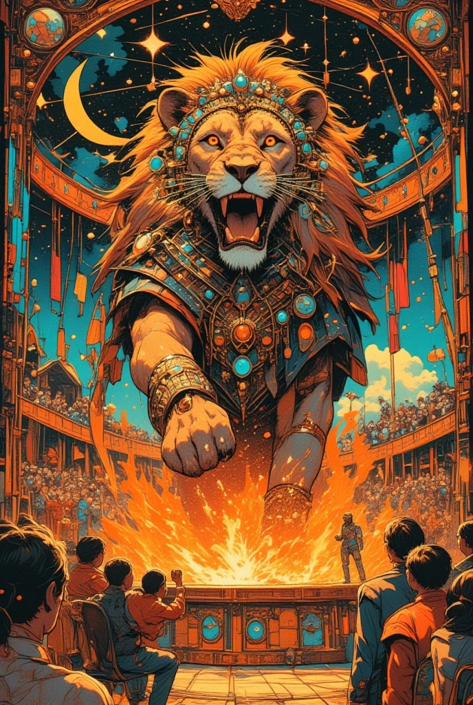  lion passing through the ring of fire, Circus in the Imaginary World ,Whimsical Circus ,There is a poster where the audience is in the audience ,close-up,  close-up view ,  1968 sci-fi tarot card  , Close view ,,  close-up shot, Lion Wearing Geometric Ornaments ,There is a poster showing a black standing ,Close up shot, Exploitable Images, very detailed circus , high res, accurate,  high detail,   Illusion Art  ,    Psychedelic Surreal Art   ,  Terrible Surrealist Art   ,   dmt Death of Ego  ,  DMT Egodes   , Ultra Detailed Fantastic Art   ,    high resの幻想的なアート  , Tool Band Art