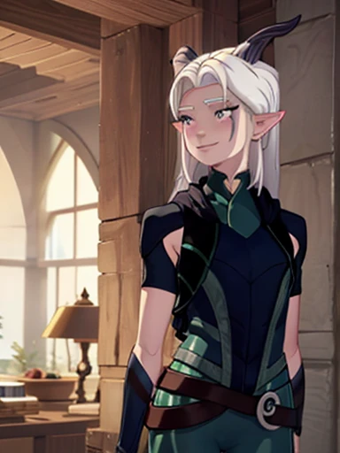 A pretty elf ,  with long straight platinum hair, pretty face and green eyes,  slender body wide hips and slim waist,  shapely legs and long ,,Smile cheerful ,  pointed horns and ears , big bust,  Warrior and very provocative 