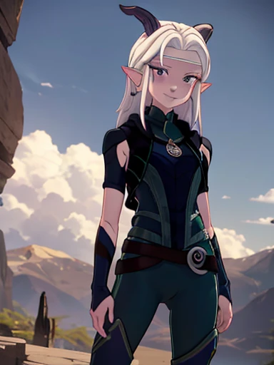 A pretty elf ,  with long straight platinum hair, pretty face and green eyes,  slender body wide hips and slim waist,  shapely legs and long ,,Smile cheerful ,  pointed horns and ears , big bust,  Warrior and very provocative 