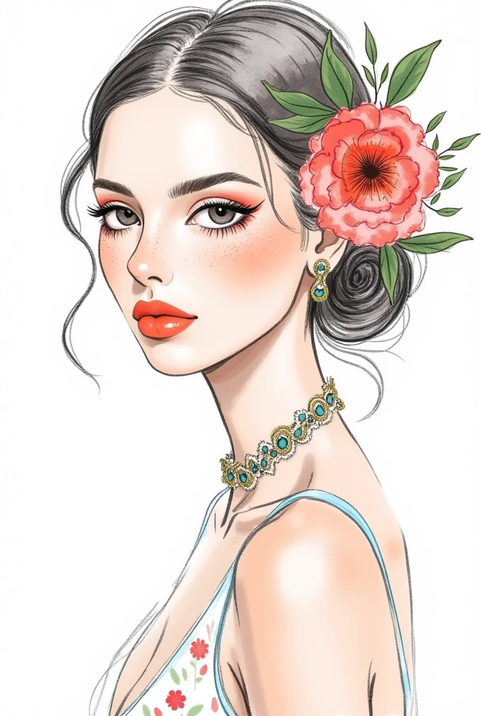  fashion design sketch ：Girl illustration,luxury floral jewelry , ,  digital painting , Fine Hair, (Black Line)，Illustration style, Digital Illustration,  Color Sketch , watercolor Illustration style,