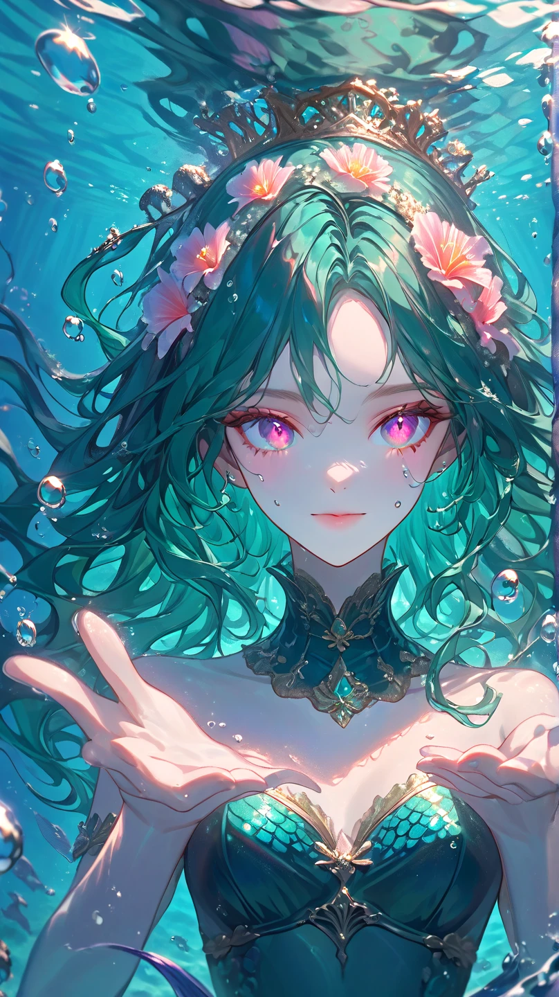 a woman with long wavy dark teal green hair, pink eyes, mermaid, swimming in the surface of the sea, small corals on her head, clear water, bubbles, smilling,  hands up, bust shot,