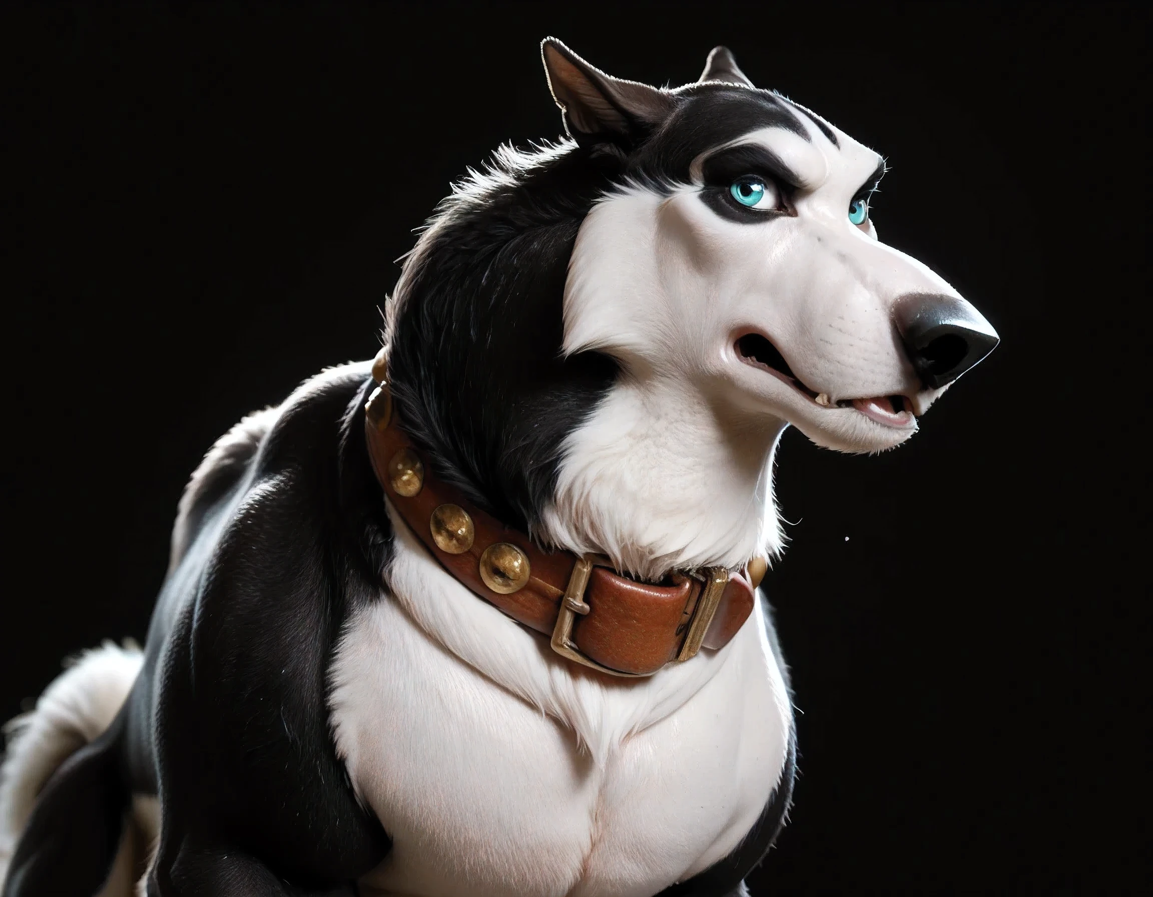 Steele, Alaskan Malamute, Collar, Blue Eyes, feral, feral dog, black background, simple background, detailed, ((heavyweight, muscular, very muscular)), (((bulging pecs))), (((shiny fur, glistening body))), white fur and black fur, (posing), proud, confident, 