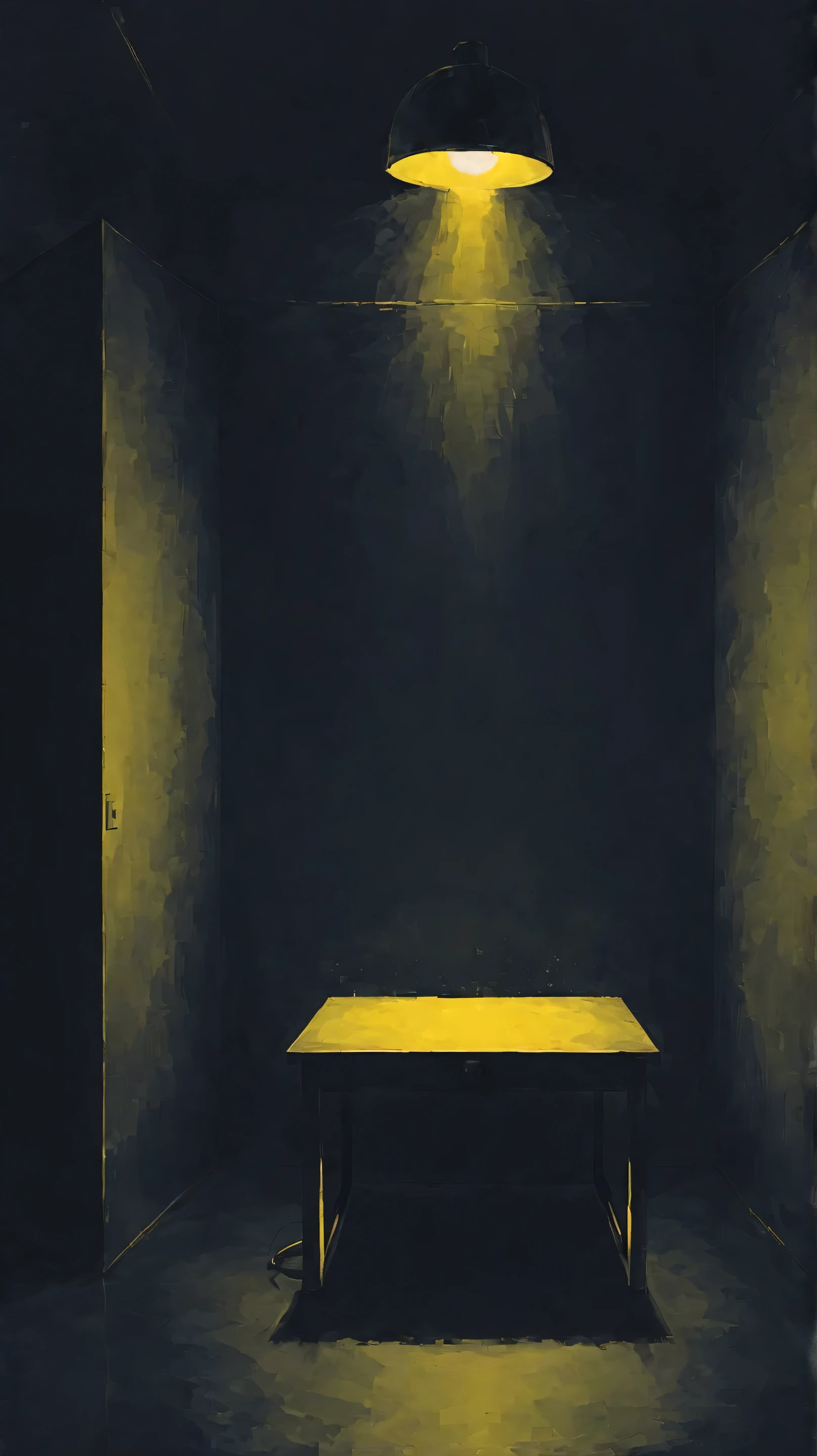 A dark, minimalist interrogation room at midnight, illuminated by a single desk lamp. The overall color scheme features deep blues, blacks, and soft yellow lighting for a dramatic, suspenseful mood.