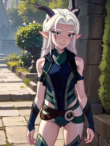 A pretty elf ,NSFW with long straight platinum hair cute face and green eyes,  slender body wide hips and slim waist,  shapely legs and long , Smile cheerful ,  pointed horns and ears , big bust,  Warrior and very provocative 