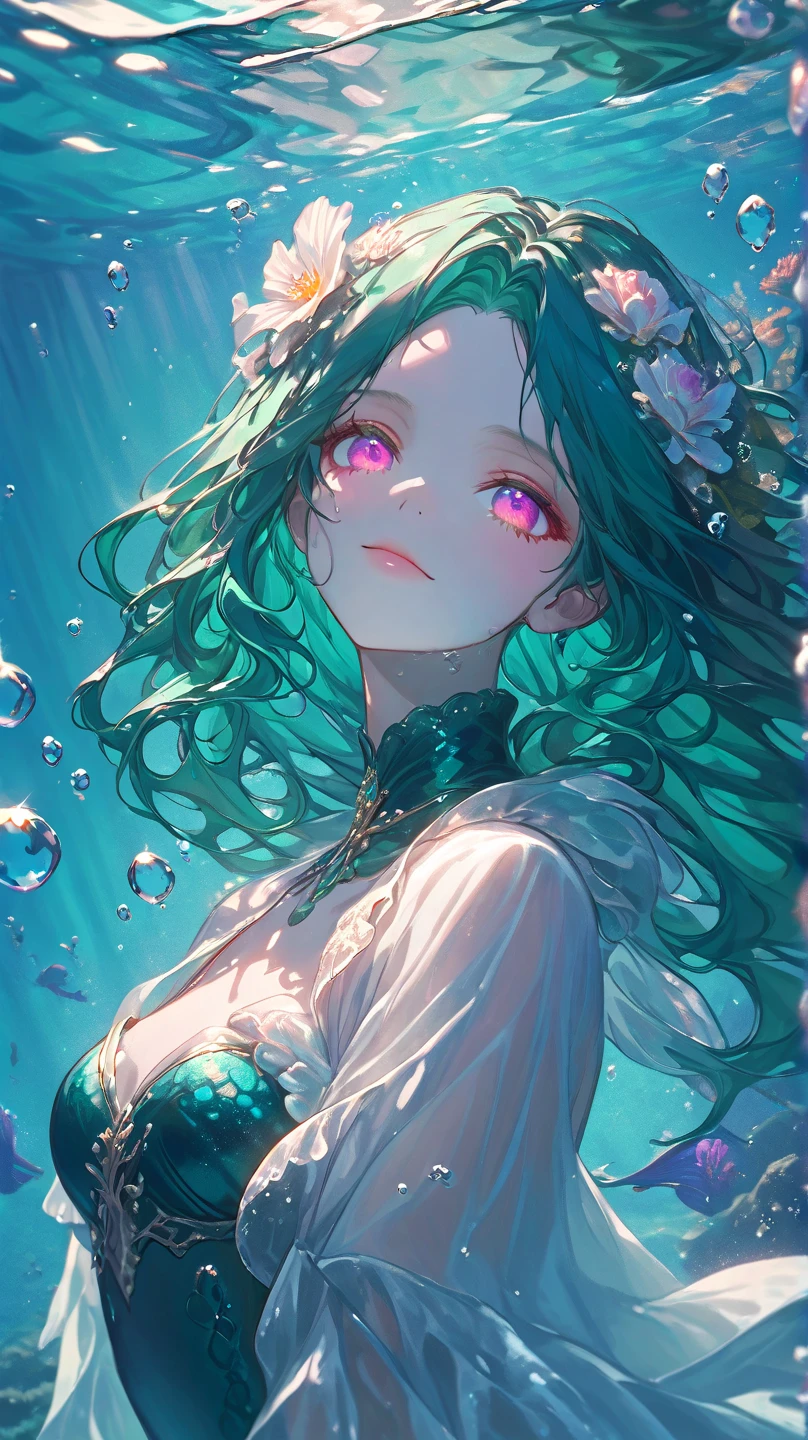 a woman with long wavy dark teal green hair, pink eyes, mermaid, swimming in the surface of the sea, small corals on her head, clear water, bubbles, smilling, bust shot, 