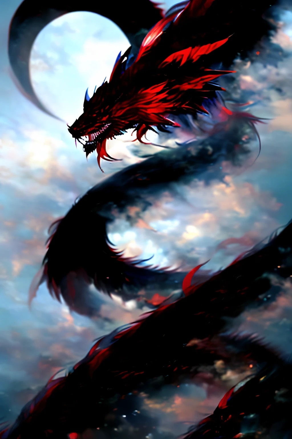 (anime style) (fantasy) depict a dragon with red scales on a dark background, a horror feel.