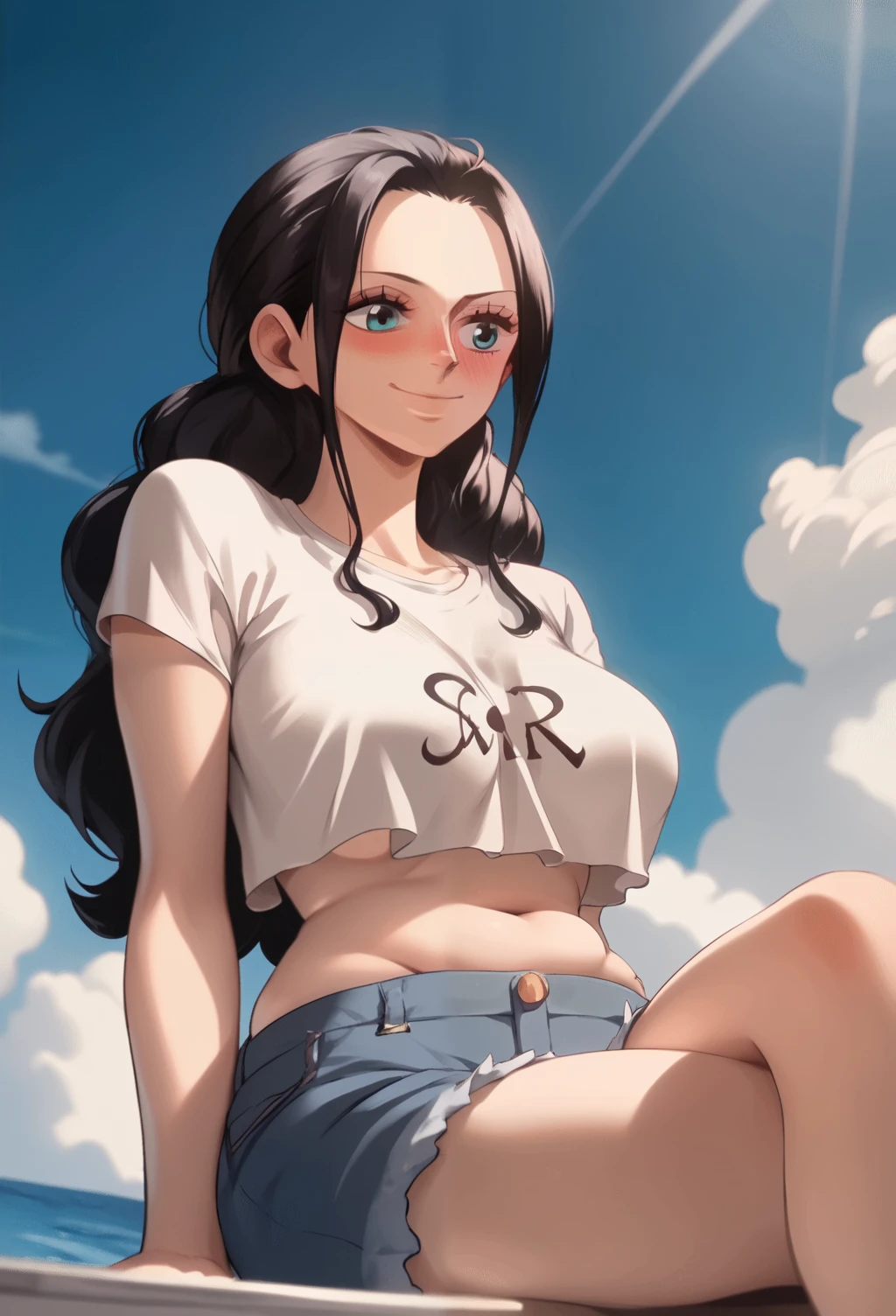 Nico robin from One Piece, sea background, big breasts, cropped top, blush, simple background, on a boat, ( Beautiful Girl), Shine, Ray Tracking, animated, Animated style , High resolution, masterpiece, Precise, Anatomically correct , High Details , textured skin , (( Robin _onepiece)), short t-shirt , trained abdomen, long legs , mini short, sitting, chubby legs, (view from below), cute smile, nose blush, (mini cropped top)