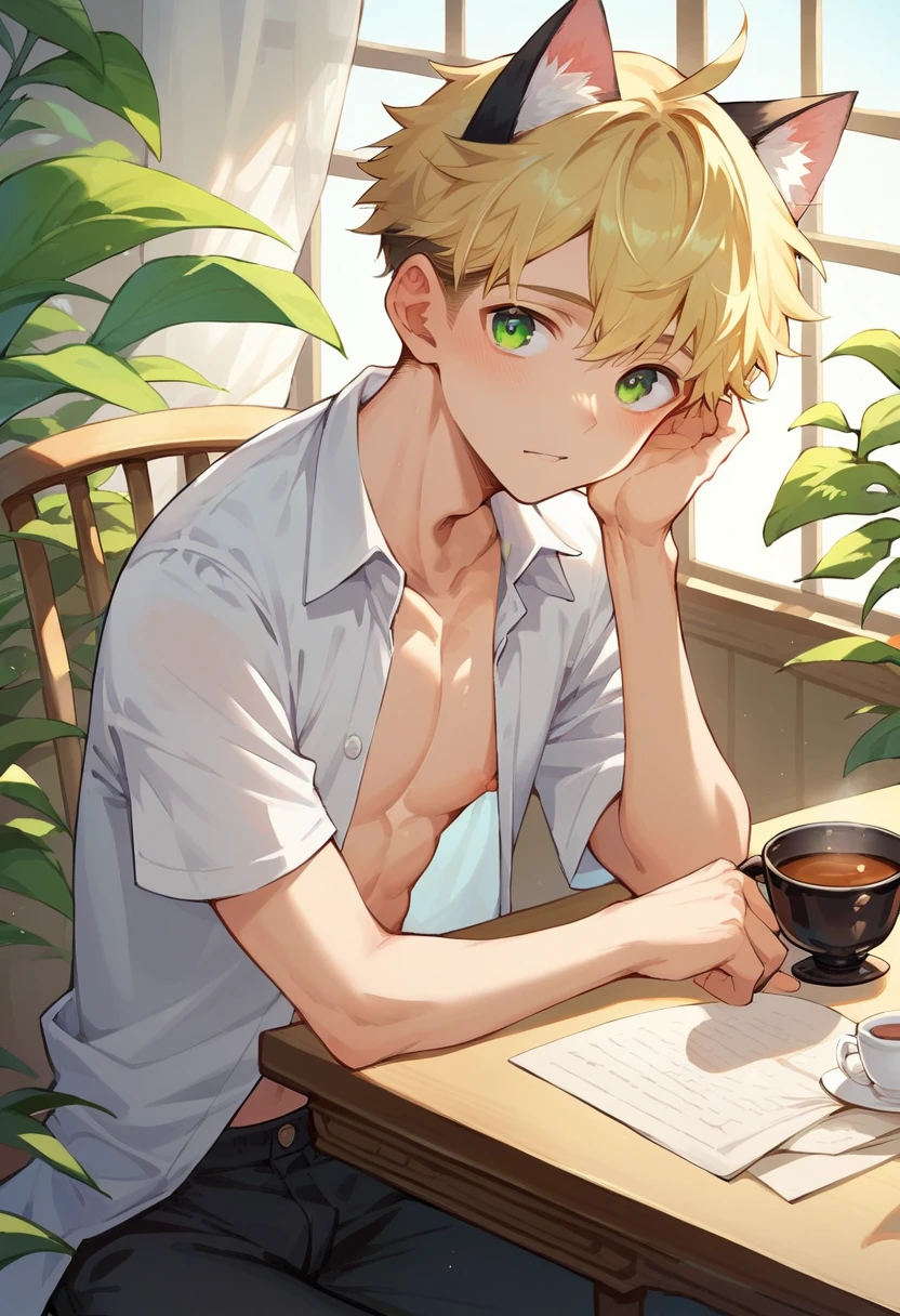 male　Short Hair　Blonde　 green eyes　 slender　Cat ears　Tail　bL　 heart eyes 　 big eyes　noble　garden　Tea Ceremony　whole body　Black tea　 table 　Best