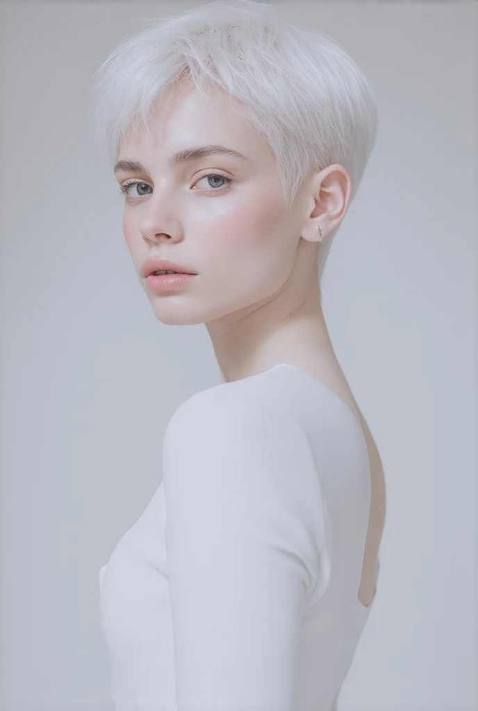 Instagram Photos, French woman, 21 years old, square hair cut,White fur, Drape shirt, Neckline, pale, Sharp Shadow,whole body,Pure white background,White background