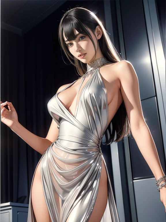  close-up of a Japanese woman in a silver dress,  TRANSPARENT GREY DRESS  ,  sexy dress, Transparent dress, skin  tight dress, sexy gown, extravagant dress,  wearing a silver dress ,  tight dress,  open dress,  tall ,  skinny, Beautiful Goddess ,  showing off her stylish dress  , Flashy silver dress  , chromium&#39;{{outfit,  HUGE AMAZING GODDDESS SHOTS  ,  Amrance as a supervillain  