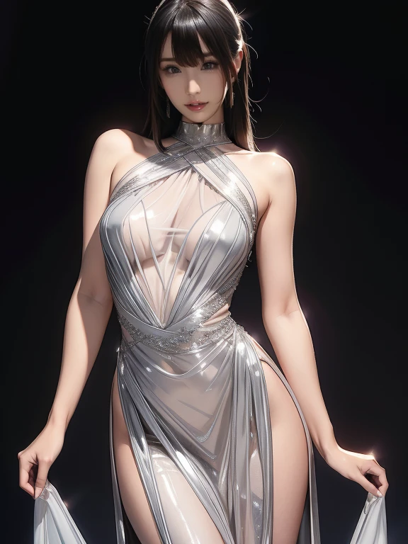 Upper body ,1girl ,beautiful 21 yo girl,blonde hair, bun_hair, straight  hair ,((Best quality, 8k, 32k, masterpiece,RAW photo, (realistic, photo-realistic:1.3),best quality,highly detailed,masterpiece,ultra-detailed)), super model slim body), (big natural breasts quality), 8k, best quality, masterpiece, high details, (eyeliner, eyeshadow, black lipstick), (glossy lips), (girl dancing in beautiful new fashion glitter sexy dress), (see-through white dress), sweaty dress ,blurry background,smile,,(oil shiny skin:0.95), ((big_boobs)), willowy, chiseled, (hunky:1.2),hourglass's body,(perfect  anatomy, prefect hand,), 9 head body lenth, dynamic sexy pose, (artistic pose of awoman),((upper body ,from pov:1.2)),More Detail