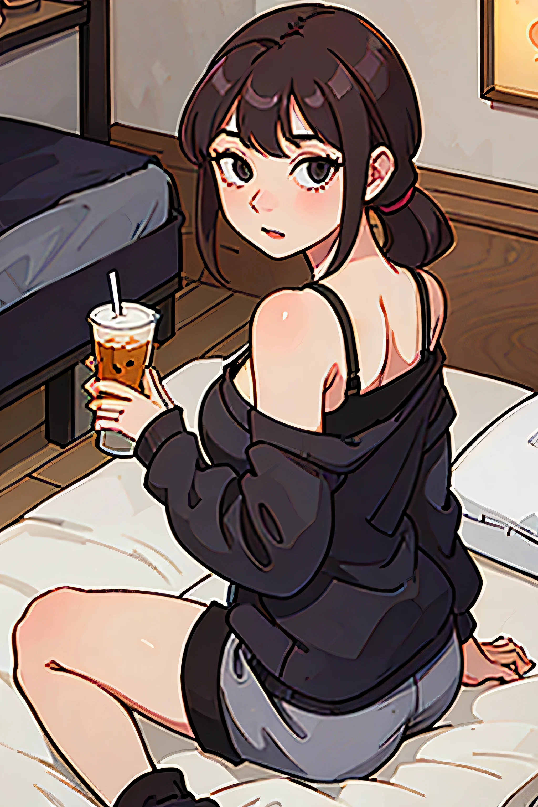girl, seductive, in bedroom, dark lighting, in bra (grey), pony tail, mature, Yor Forger, brown hair, pyjamas, dark bedroom, comfortable, hot, flirty, chaewon, eunchae, haerin, sakura kpop, kazuha, adult drinking ice boba milk tea, booty shorts, cleavage, modern room, night time