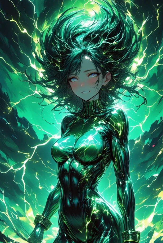 a violent tornado girl lightning, in the oc. the sky is green, with lightning. a subtle human Body sex trasparente is morphed onto the tornado. the face is facing the camera, its expression is one where it is shouting in happy.