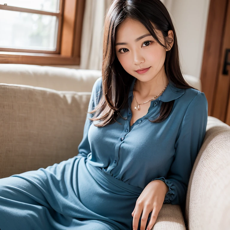 ulzzang -6500-v1.1, (Raw photo:1.2), (Photorealsitic), (Real: 1.4), Gorgeous and popular movie star actress、Sit back and relax in your private living room、In oversized loungewear、Wear sloppily、Tempting smile、