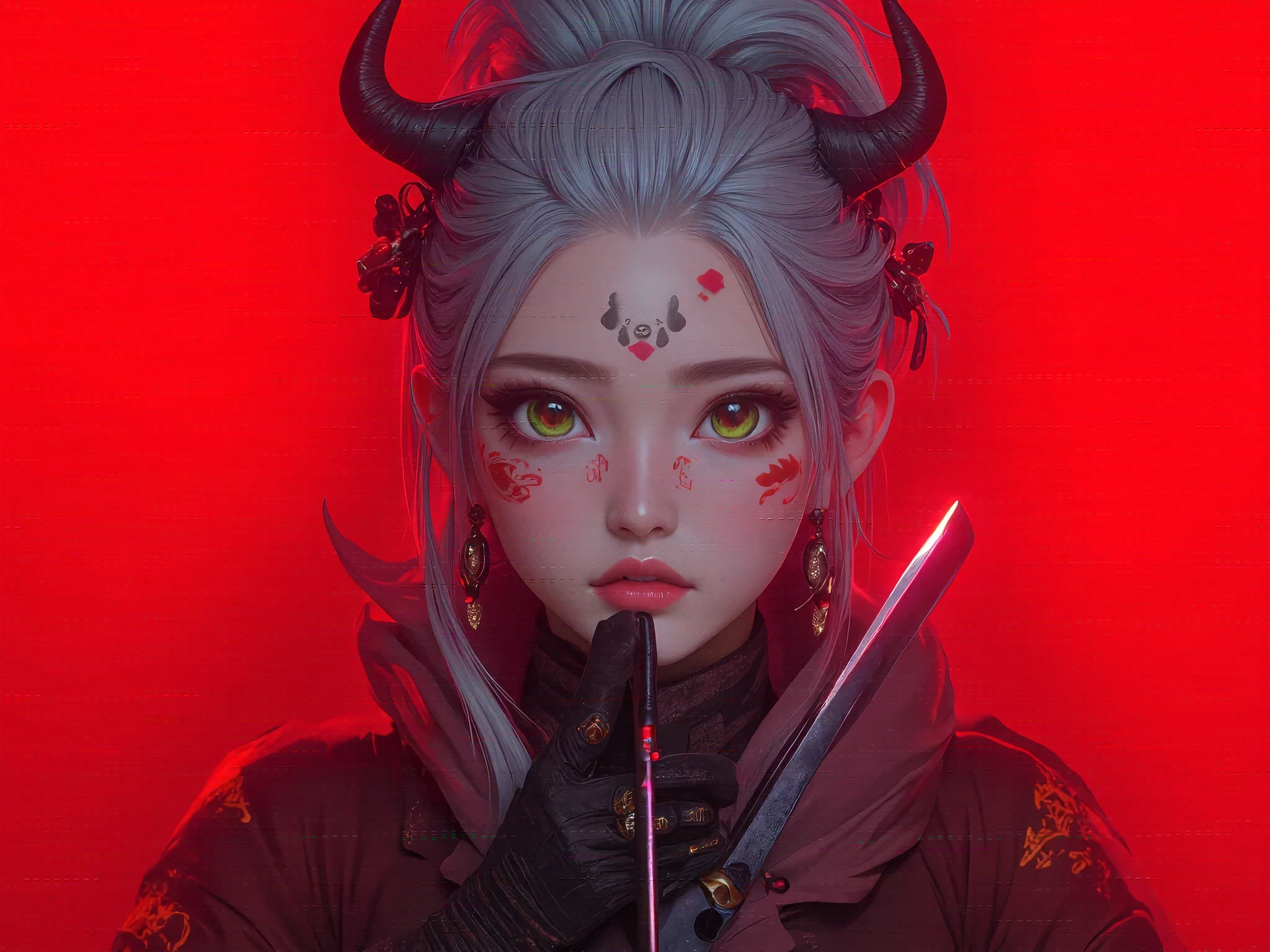 A beautiful young Korean woman .
Gray hair , Chanel style.
Emerald green eyes, expressive, obfuscating, bioluminescentes.
angry expression .
tattooed face.
2 horns on the forehead.
snow-white skin .
You are holding a katana sword horizontally with your right hand.
Pose de batalha.
Simple red background.
(anime style 32K, 3d, HDR, UHD, intricate detail, extremely intricate detail, hyperrealistic, extremely realistic, high quality, vivid color , extremely detailed).