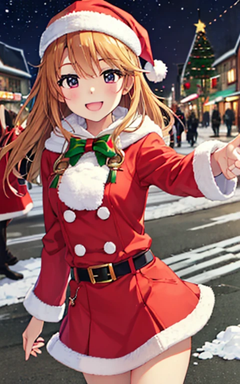    beautiful girl 、  mini skirt Santa ,  Santa Costume ,,, Red Mini Skirt ,Christmas Street ,snow, 、 seductive smile 、