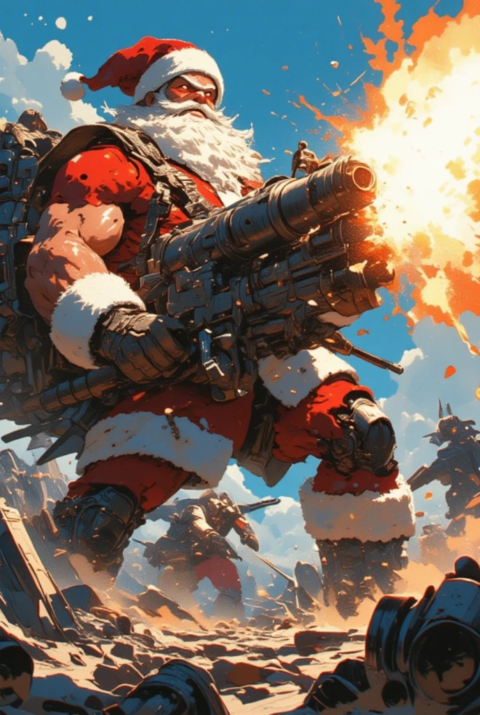 ((UHD, retina, masterpiece:1.2, anatomically correct, good anatomy:1.3, textured skin, super detail, high details, best quality, highres icon:1.3, 8k)), Strong Body Santa Claus , Beard Flickering Like Fire , An Aura Bursting Out of Their Eyes , Muscles are pushing up Santa clothes, Thick Muscular Arms , Santa Claus is firing a high mega cannon, Highmat Full Burst, Countless missiles are fired from Santa's back, Dramatic:1.1, The missile trajectory is Itano Circus, Dynamic Paintbrush, from below:1.2