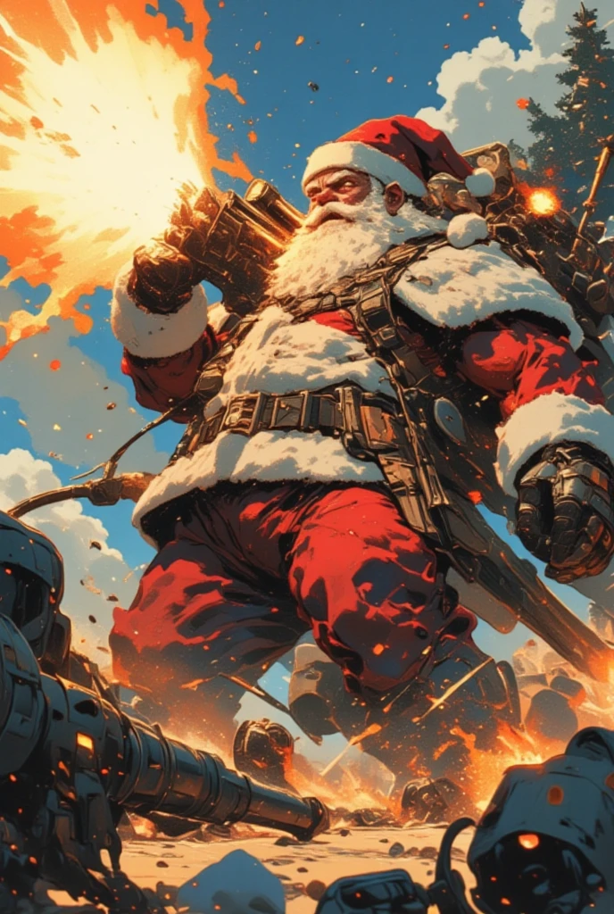 ((UHD, retina, masterpiece:1.2, anatomically correct, good anatomy:1.3, textured skin, super detail, high details, best quality, highres icon:1.3, 8k)), Strong Body Santa Claus , Beard Flickering Like Fire , An Aura Bursting Out of Their Eyes , Muscles are pushing up Santa clothes, Thick Muscular Arms , Santa Claus is firing a high mega cannon, Highmat Full Burst, Countless missiles are fired from Santa's back, Dramatic:1.1, The missile trajectory is Itano Circus, Dynamic Paintbrush, from below:1.2