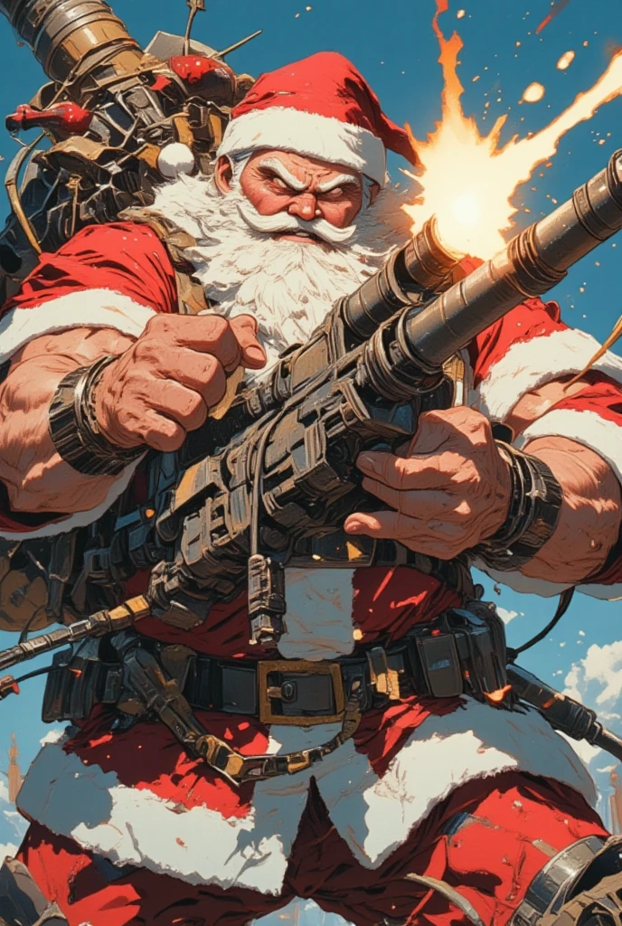 ((UHD, retina, masterpiece:1.2, anatomically correct, good anatomy:1.3, textured skin, super detail, high details, best quality, highres icon:1.3, 8k)), Strong Body Santa Claus , Beard Flickering Like Fire , An Aura Bursting Out of Their Eyes , Muscles are pushing up Santa clothes, Thick Muscular Arms , Santa Claus is firing a high mega cannon, Highmat Full Burst, Countless missiles are fired from Santa's back, Dramatic:1.1, The missile trajectory is Itano Circus, Dynamic Paintbrush, from below:1.2