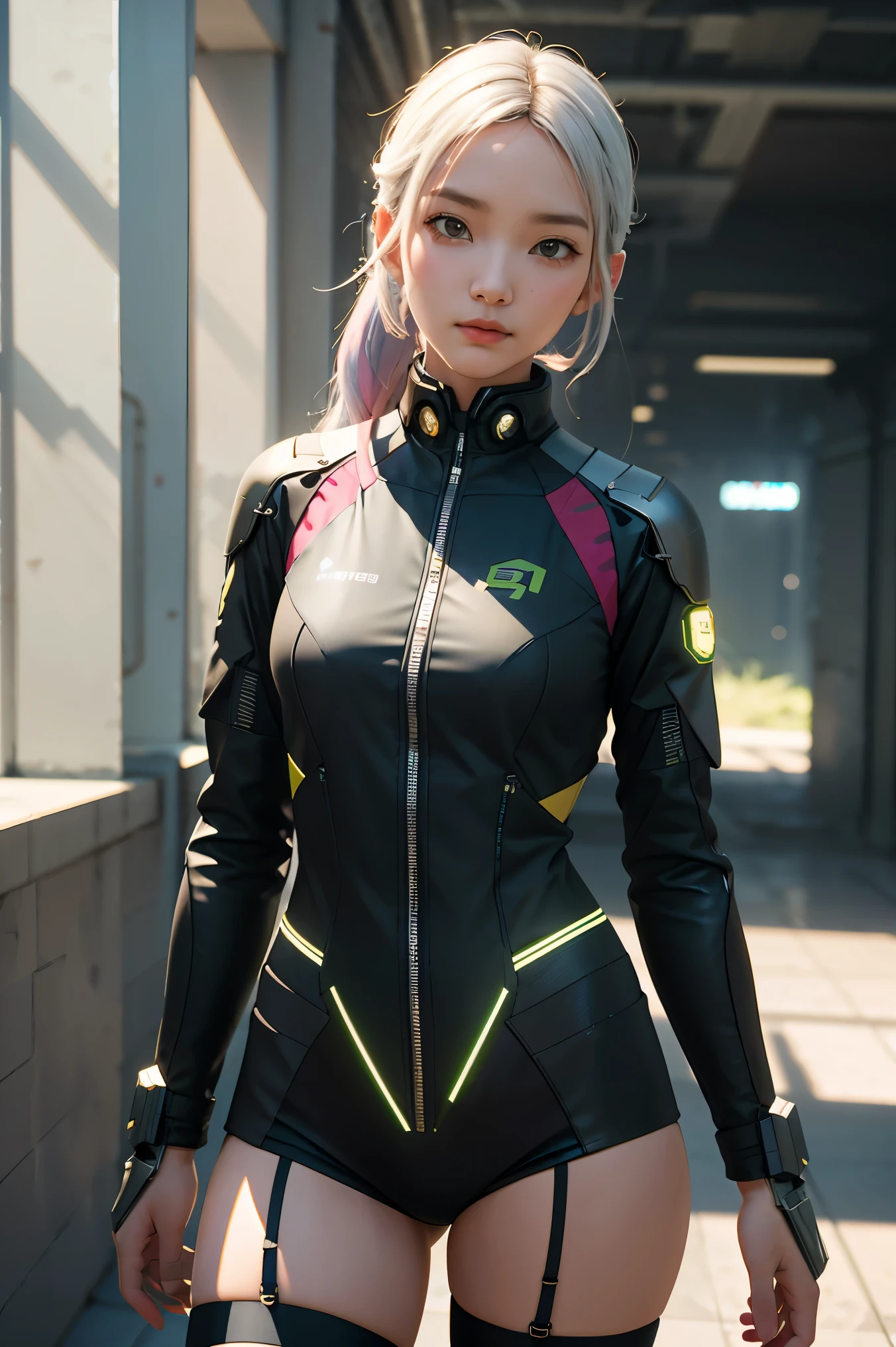 8K UHD, materpiece, beautiful Girl, A detailed eye, Good face, Fine eyebrows, Cyberpunk costumes, lightning costume, Cyberpunk, Cyberspace, Cyberpunk shiny colored background, neon-light-effect, extended lighting, Red lighting, Sitting, body capture,