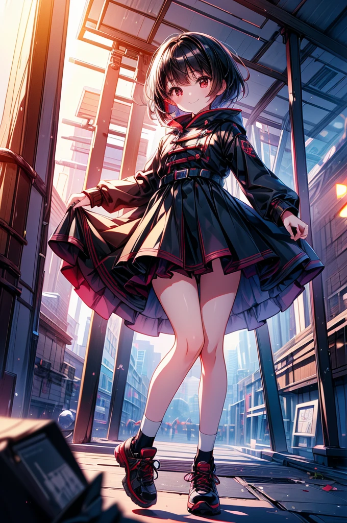 masterpiece, highest quality, highest quality, (no text), Beautiful and aesthetic:1.2),no text,anime、break,anime、break、 one girl、 dark haired girl short hair　 Slit Eyes Boyish 　adult　 beautiful eyes　red eyes, cool smile　 skirt　Black coat　plain clothes full body outdoor 