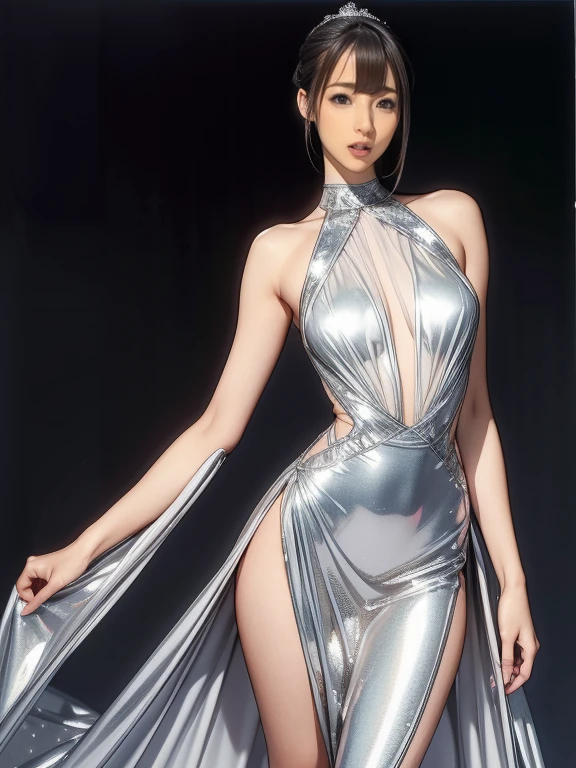 (Best Quality, masutepiece, photographrealistic, ultra-detailliert, 超A high resolution, raw:1.3), (1 woman, Beautiful Japan actress, 25 years old), double iris), (Smile), Detailed face, She has big ring earrings and red eyeshadow makeup.。,light brown delicate middle cut hair,The ends of the hair are wavy,Classy hairstyle,Detailed eyes, (Actress with slender figure,Smaller buttocks,small tits, Smaller hips, sideboob barbosa), (Butt crack, naked waist, Bare back:1.3), (silk mermaid dress:1.2), (from behind), up looking_で_viewer, BREAK black long hair, BREAK (Ceremony, Red carpet, Large crowds:1.5),