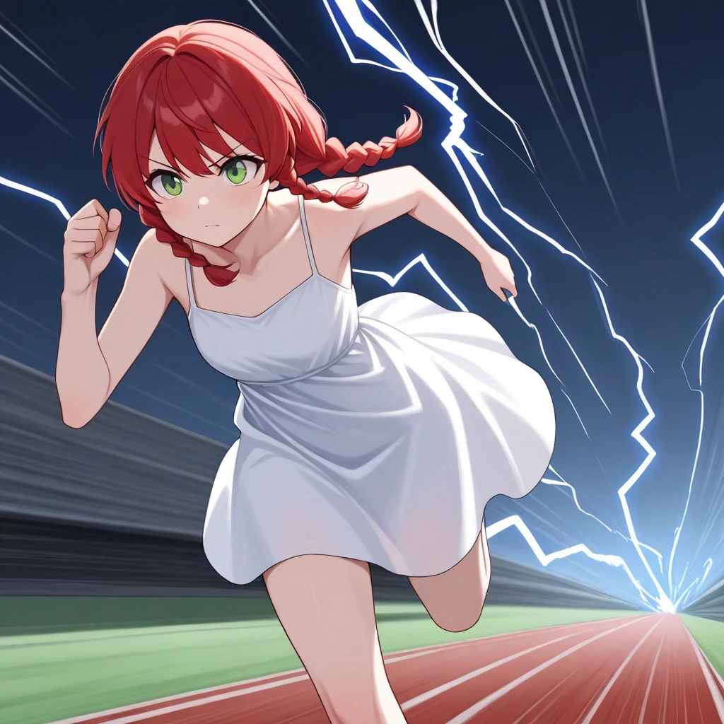 masterpiece, best quality, FlashSpeed, 1girl, solo, red hair, twin braids, green eyes, white dress, running, lightning, 