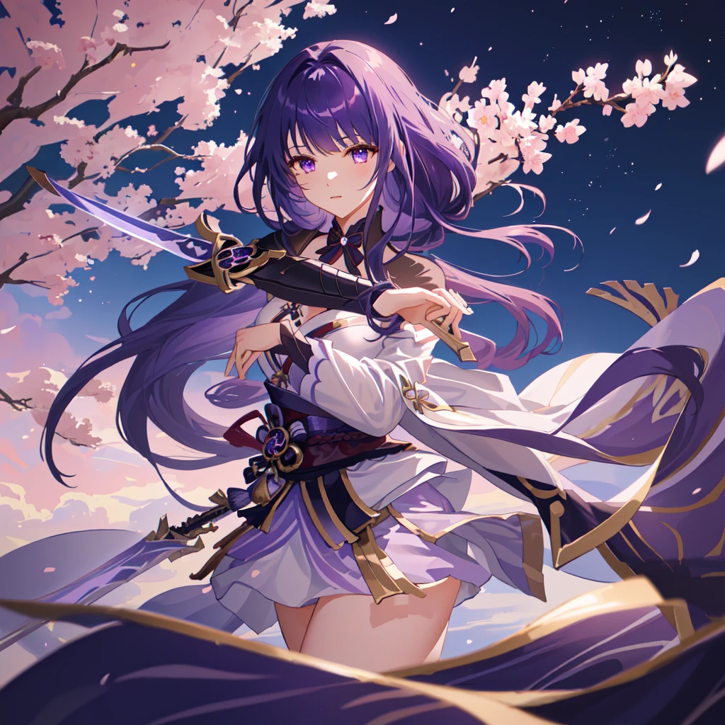 Anime girl holding a long sword, keqing from Genshin Impact impact, ayaka Genshin Impact  （Background cherry blossoms ，Falling，Detailed texture of clouds，night ，Depth of Field）Charming face,  Falling cherry blossom single ponytail ,Purple hair, Purple Eyes,  Delicate face, Delicate skin electricity, lightning, Cultural Relics,Purple Magic, halo, whole body,Magic Light, Side Light, thigh, destiny \(series\), Genshin Impact, open jacket, skirt, High leg raise Highest quality Ultra high resolution, Practical, Detailed hair, Very detailed, fine details, Super detailed